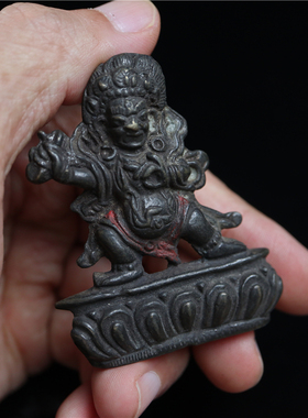 精工西藏天铁托甲黑漆古皮壳莲花座金刚手菩萨佛像摆件吊坠嗡字