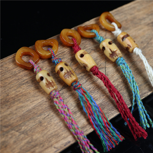 天然牦牛骨文玩流苏侧挂手编藏式尸陀林主骷髅头配珠记数卡子吊坠