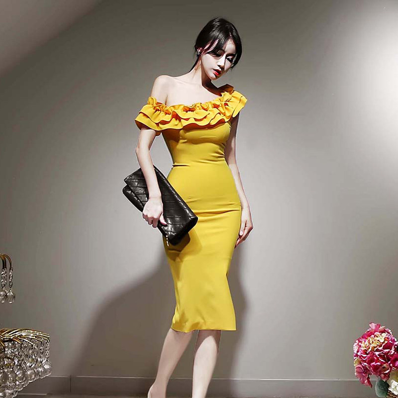 2020 new pattern yellow Oblique High-end sexy Dress Ladies Noble temperament Dinner will Tuxedo skirtin the Women's clothing/Boutique , Wedding/Cheongsam/Formal dress , Formal dress/Evening  category - from Buy2taobao.com to provide professional Taobao agent buy service