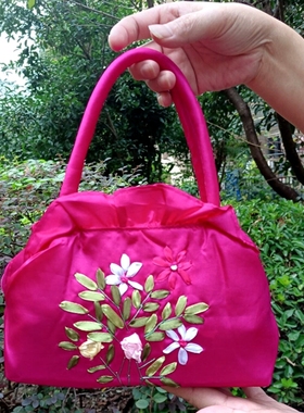 丝绸绣花拎包女手工彩带水桶手提包双根花边休闲妈妈买菜麻将紫色