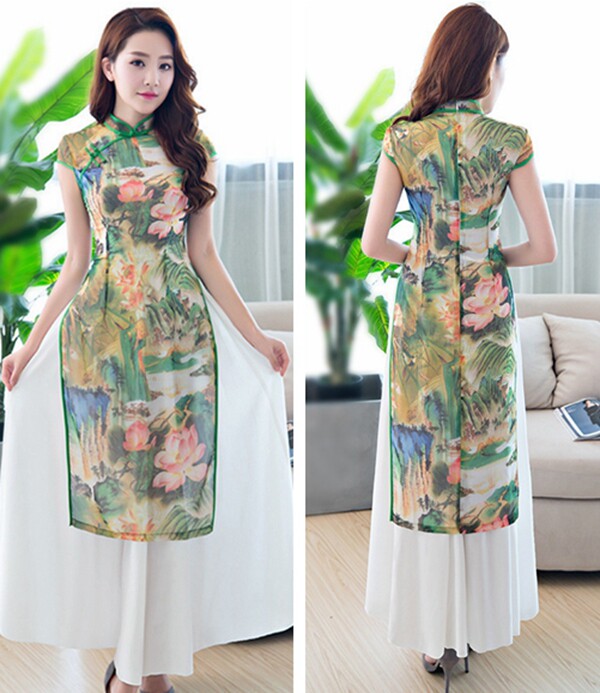 奥黛旗袍裙中国风正宗中式长款两件套复古改良大摆女装表演出礼服