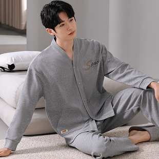 春秋季睡衣男款长袖纯棉开衫男士60中年爸爸40岁50家居服休闲宽松