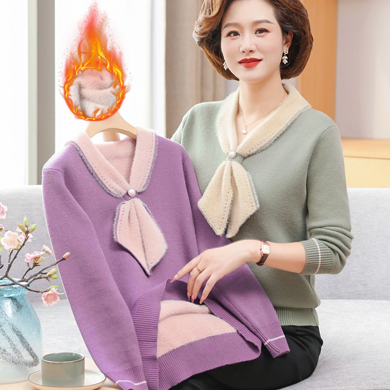 妈妈装秋冬加绒加厚毛衣中老年女装一体绒打底衫保暖上衣洋气新款