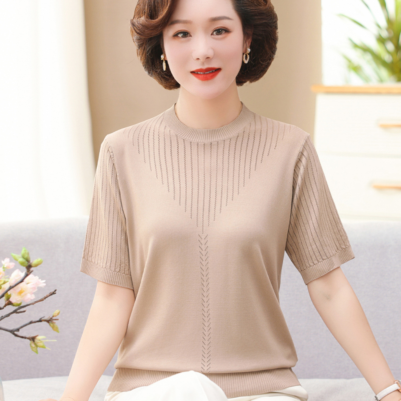 妈妈夏装短袖T恤2023新款中老年女50岁夏季针织洋气圆领小衫上衣