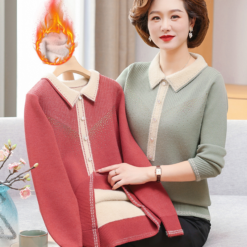 中年妈妈装秋冬加绒加厚毛衣中老年一体绒冬季保暖打底衫外穿上衣