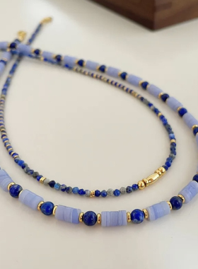 「秋日旷野」天然青金石项链ins蓝色双层叠戴天然石项链