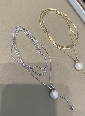 长款S925纯银毛衣链高保色项链 蛇骨链抽拉珍珠吊坠小众高级