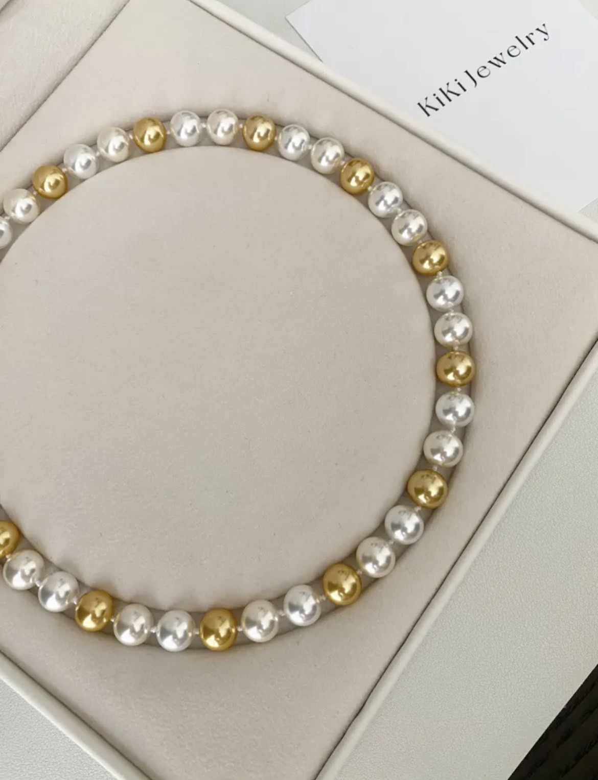 Kiki.人造南洋金珠澳白三色混彩项链戒指糖果色珍珠项链法式打结