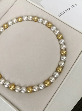 Kiki.人造南洋金珠澳白三色混彩项链戒指糖果色珍珠项链法式打结