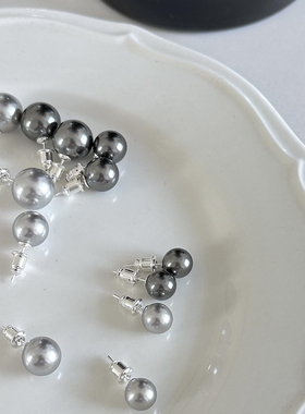Kiki.黑珍珠耳钉真多麻耳钉925纯银正圆强光经典简约施家珍珠耳环