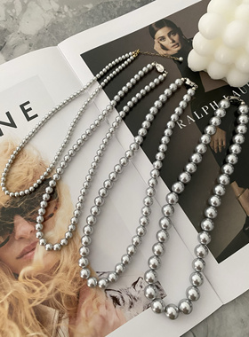 Kiki.进口人造真多麻珍珠项链施家铂金灰锁骨链银灰色珍珠