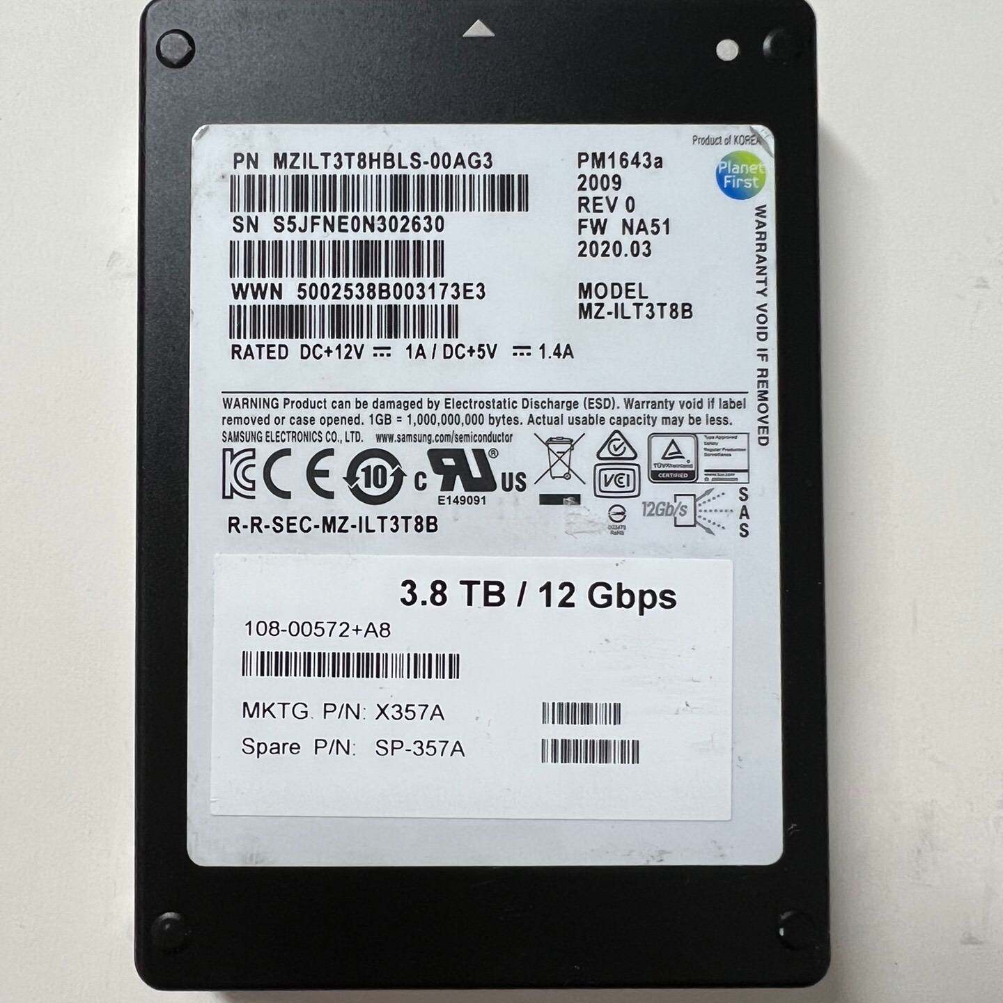 议价-三星原厂 PM1643a 3.8TB SAS固态硬盘，型号MZ