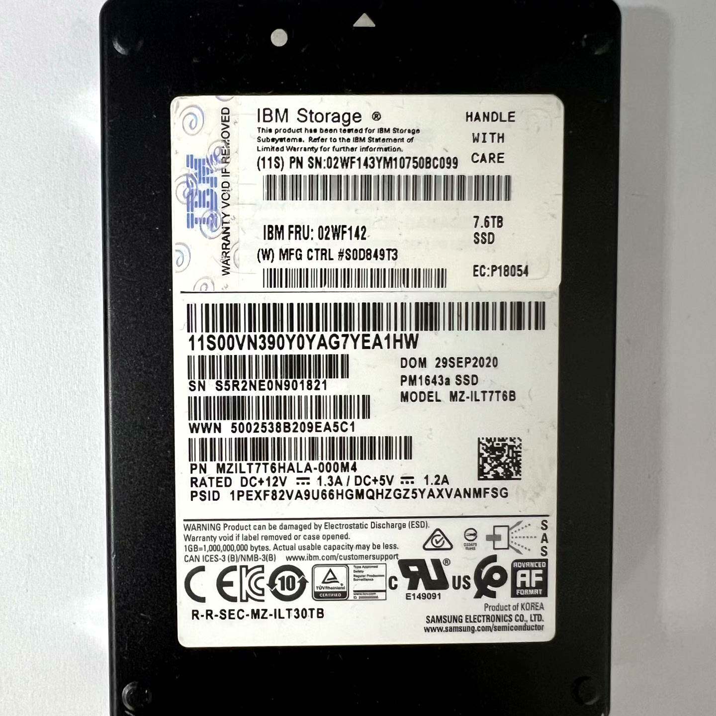 议价-三星原厂 IBM PM1643a 7.6TB SAS固态硬盘，型