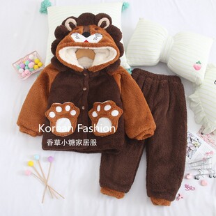 冬新品韩版男女童双面绒家居服儿童加厚居家服小狮子保暖棉袄套装