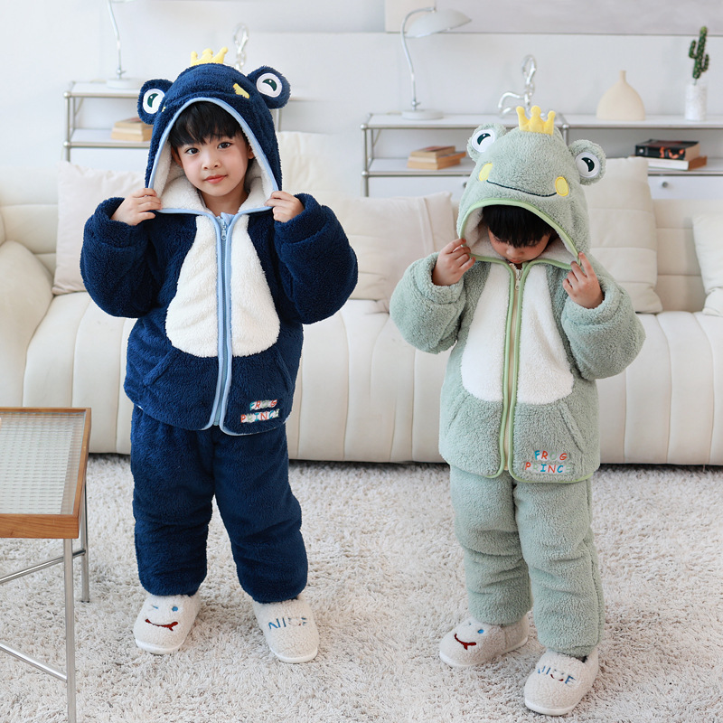 冬加绒可爱卡通男童青蛙王子双层绒保暖加厚双面绒儿童家居服套装