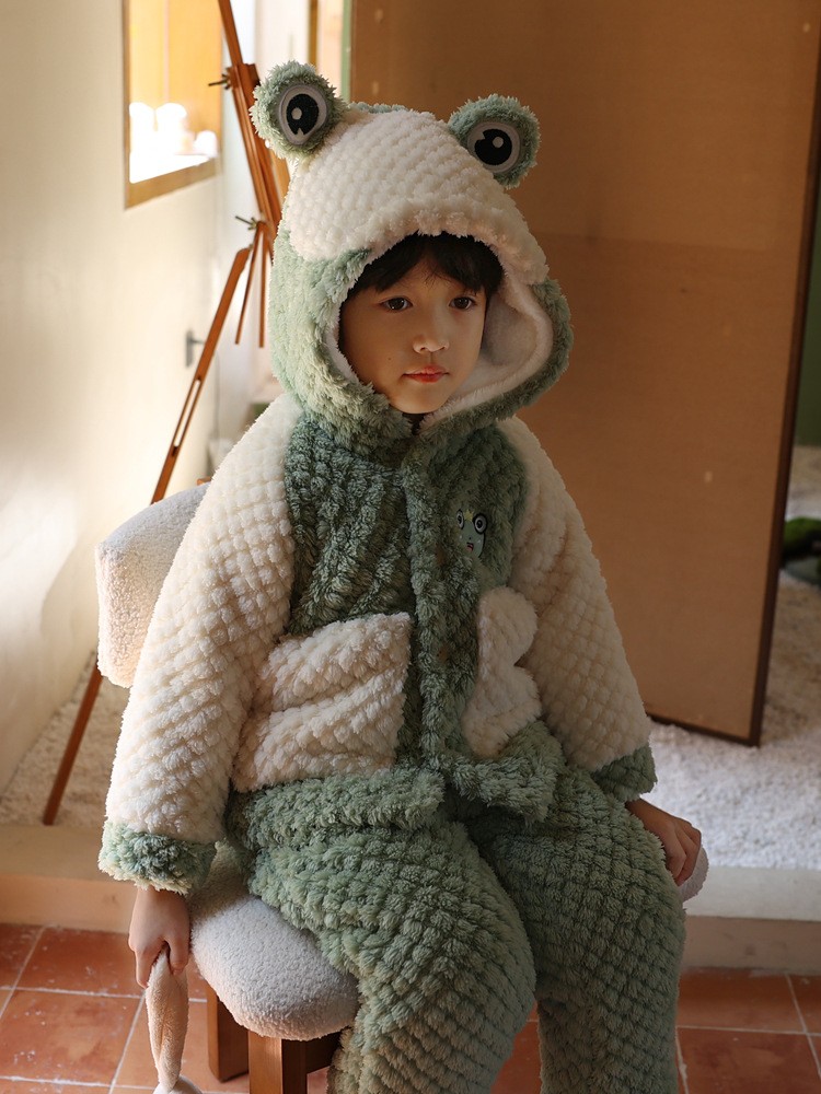 冬天双层加厚男女童小青蛙连帽珊瑚绒家居服套装宝宝保暖加绒睡衣