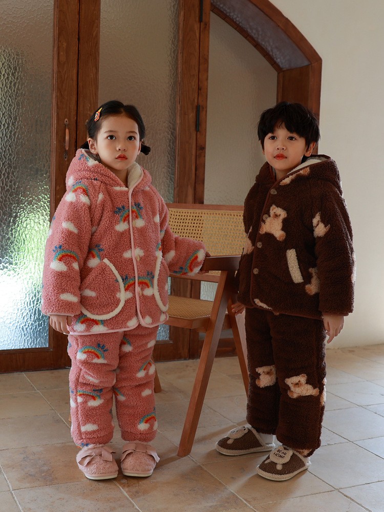 中大童男女宝宝双层加绒保暖连帽家居服套装韩系卡通加厚双层睡衣