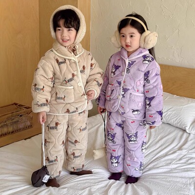 三层夹棉加绒睡衣a类套装男女童保暖卡通家居服冬季法兰绒面料