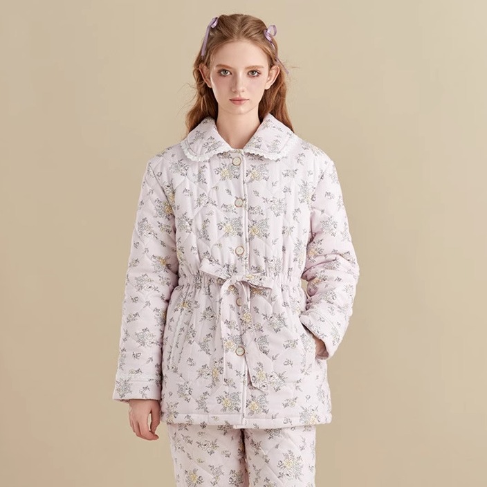 三层夹棉睡衣女款冬季加厚珊瑚绒家居服女士冬天加绒棉袄保暖