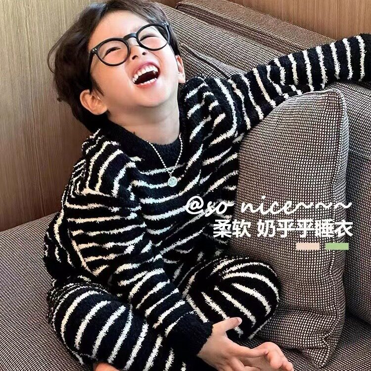 冬季儿童睡衣套装男孩子加厚软糯半边绒条纹休闲宝宝软绵绵家居服