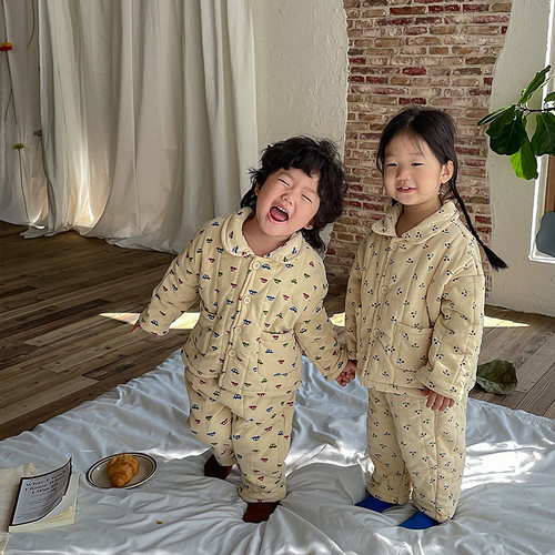 冬季儿童睡衣纯棉家居服男女童加绒三层夹棉印花卡通套装