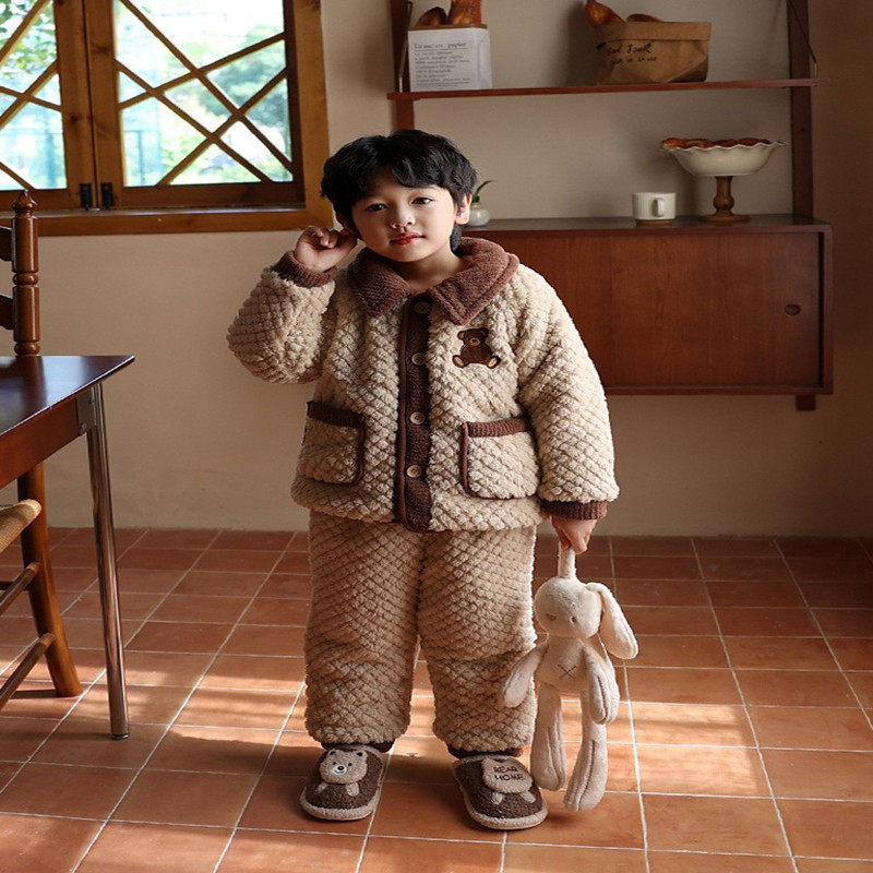 韩版可爱卡通小熊开衫男女宝宝双层加绒加厚保暖珊瑚绒家居服套装