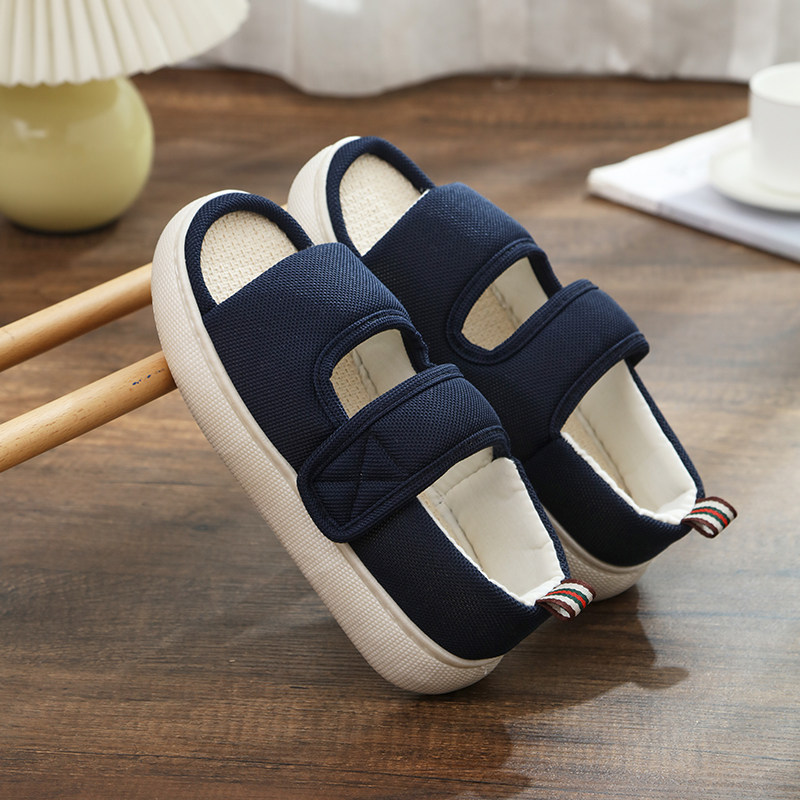 老人亚麻居家防滑女魔术贴软底透气吸汗平底健步鞋中老年奶奶男款