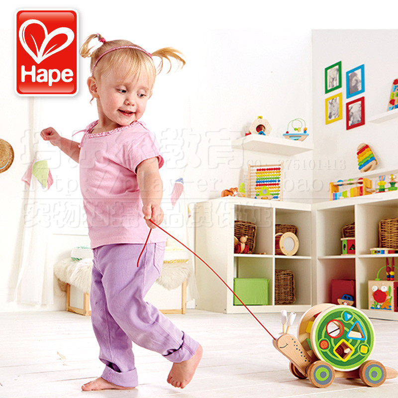 蜗牛拖拉车 正品儿童多功能木质学步车益智形状配对爬行车玩具