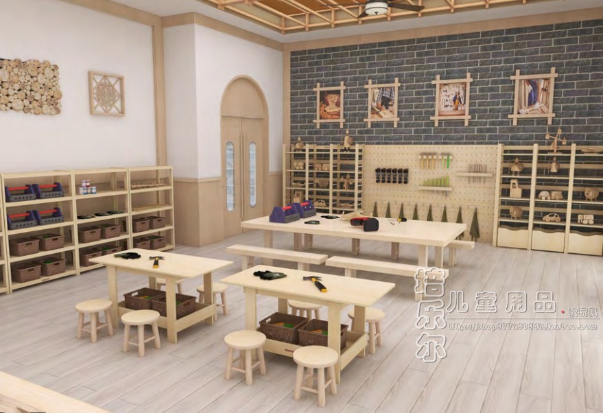 木工坊幼儿园儿童实木小圆凳鲁班收纳木工桌木工椅紫荆四层展示架