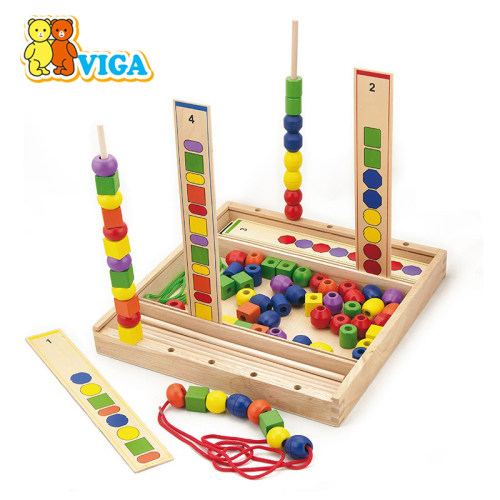 VIGA唯嘉串珠对应盒儿童早教蒙氏教育形状积木配对游戏穿线玩具
