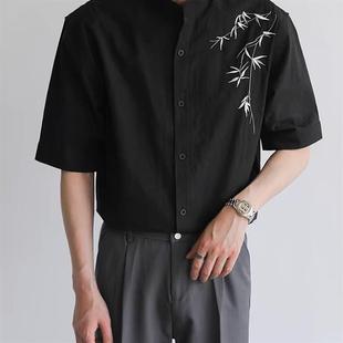 上衣潮流时尚 男士 夏季 衬衣 竹叶刺绣花半袖 国风立领短袖 新中式 衬衫