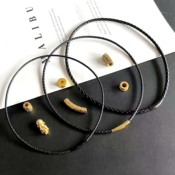 真皮横穿饕餮弯管项链绳黄金吊坠绳沙金转运珠挂绳黑皮绳男士加粗