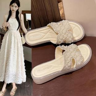 坡跟厚底绝美凉拖鞋 配裙子平底海边沙滩一字拖 女夏季 外穿2025新款