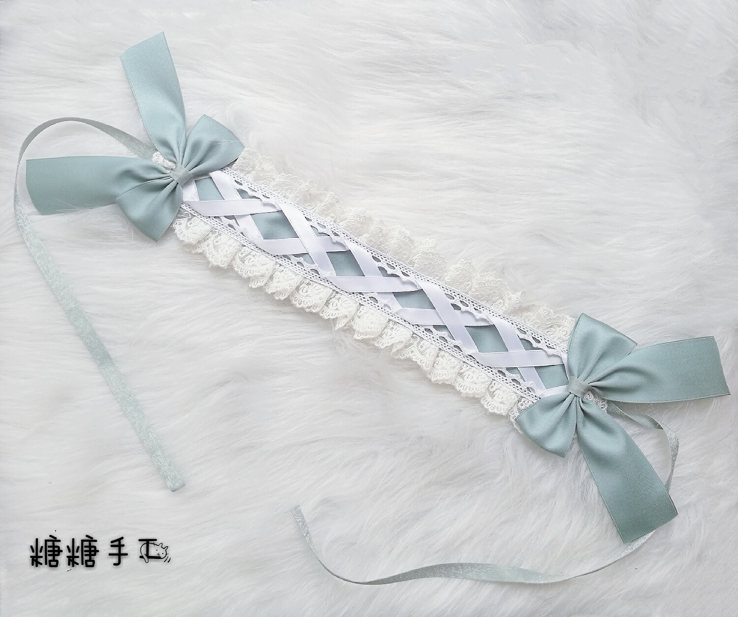 手工lolita发带灰豆绿软妹蕾丝百搭发带KC蝴蝶结洛丽塔颈饰耳环
