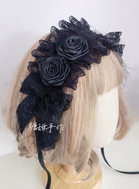 原创手作Lolita发带哥特暗黑天使头饰黑色玫瑰花发带cosplay饰品
