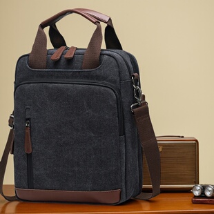 单肩包多口袋 便携外出帆布包多功能竖款 男士 休闲斜挎包简约时尚