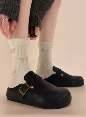 可爱毛毛袜口边蝴蝶结中筒袜子女微压防掉跟秋冬款学院风堆堆袜子