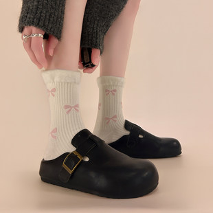 可爱毛毛袜口边蝴蝶结中筒袜子女微压防掉跟秋冬款 学院风堆堆袜子