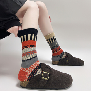 费尔岛复古AB鸳鸯袜粗线冬季 街头风情侣ins潮中筒保暖堆堆袜子女