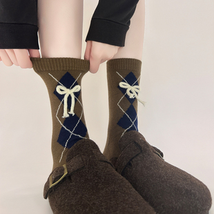 美拉德色系中筒袜复古秋冬季 保暖菱格蝴蝶结甜学院风美少女堆堆袜