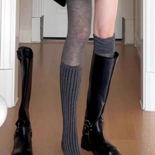 春季 Like 长靴子过膝袜女 美拉德jk袜子 灰色瘦腿纯色长筒袜 Sock