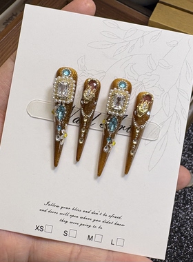秋叙 秋季新款纯手工彩绘长款穿戴甲娘娘宫廷复古美甲可拆卸秋意