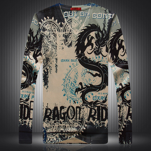 痞子男士个性v领花式长袖t恤衫 创意霸气水墨黑色龙图案印花上衣