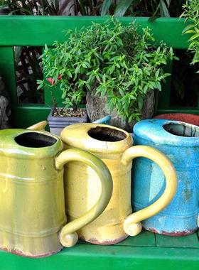 美式乡村风杂货陶土上釉水壶花架