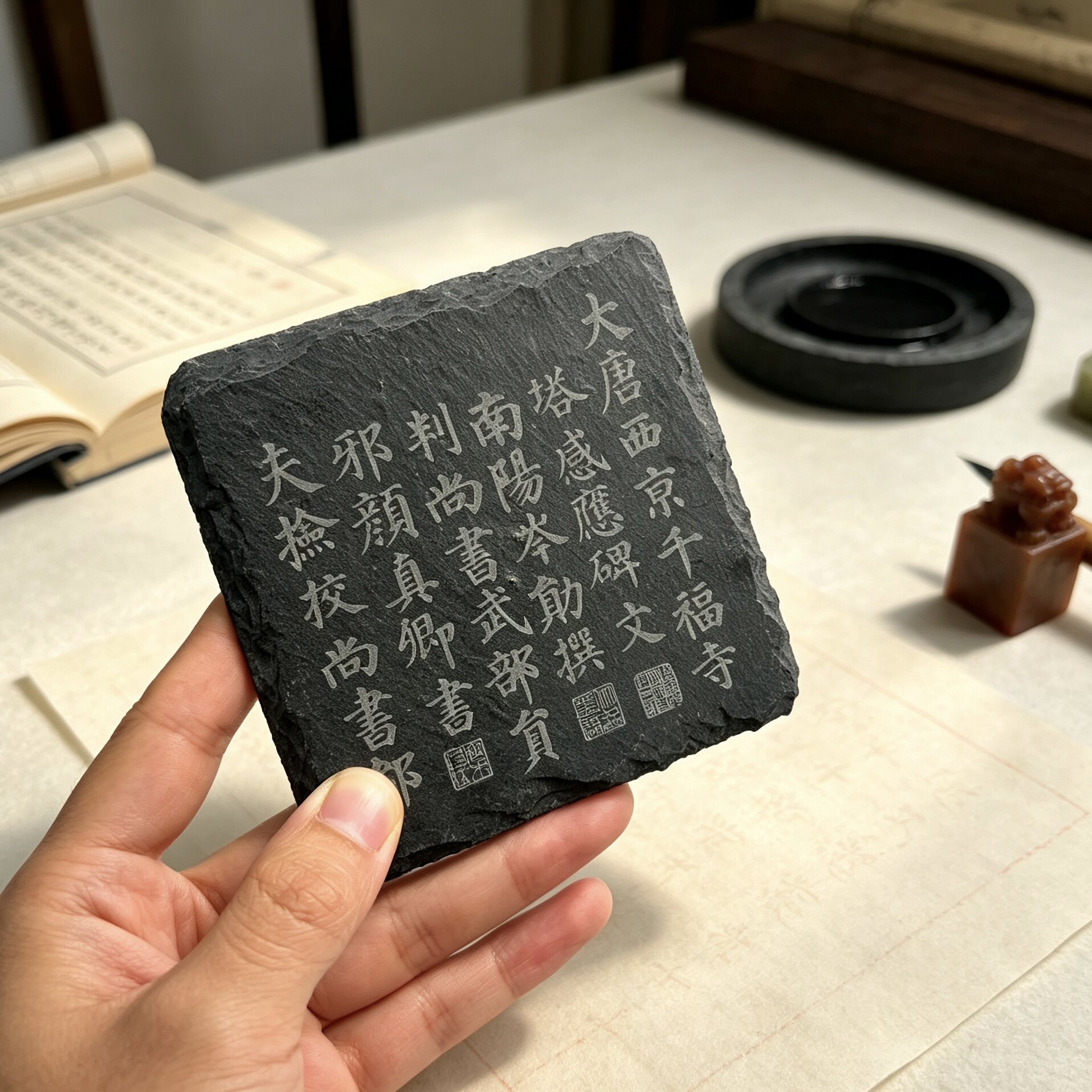 颜真卿多宝塔雕刻楷书岩石板杯垫墨锭/墨条/墨块/墨