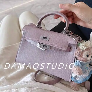 Damaostudio二代mini紫色铂金包迷你牛皮凯莉包单肩斜挎手提女包