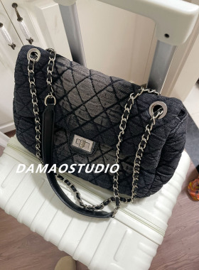 Damaostudio小香风菱格女包机场单肩大容量链条包牛仔丹宁腋下包