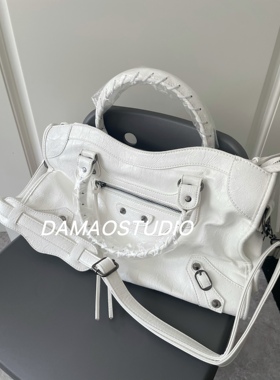 Damao studio辣妹新潮白色牛皮铆钉流苏mini机车皮包单肩斜挎手提