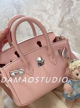 Damaostudio真皮高级铂金包粉色迷你牛皮凯莉包单肩斜挎手提女包