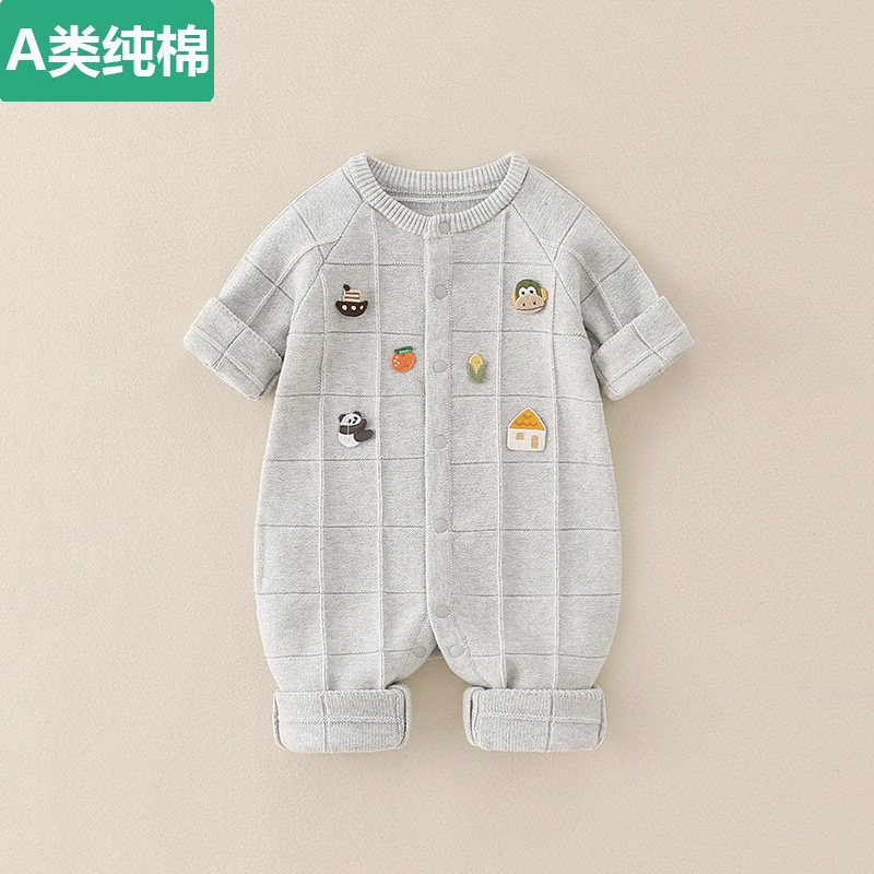全棉甄选春秋婴儿衣服可爱网红满月连体毛衣男女宝宝棉线针织长袖